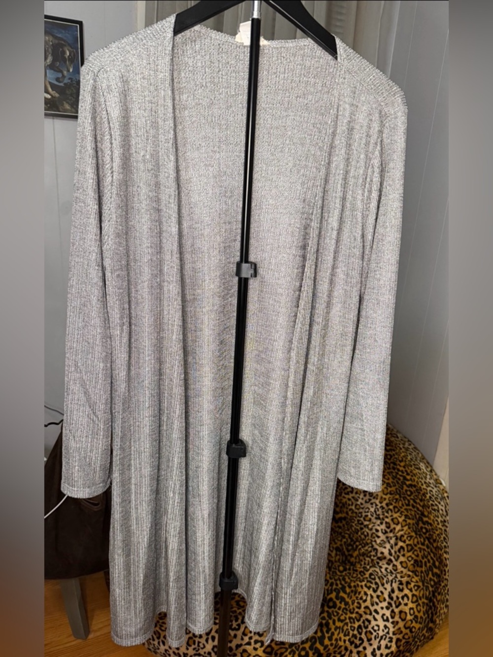 Objex Metallic Silver Ribbed Open Front Duster Cardigan Size XL
